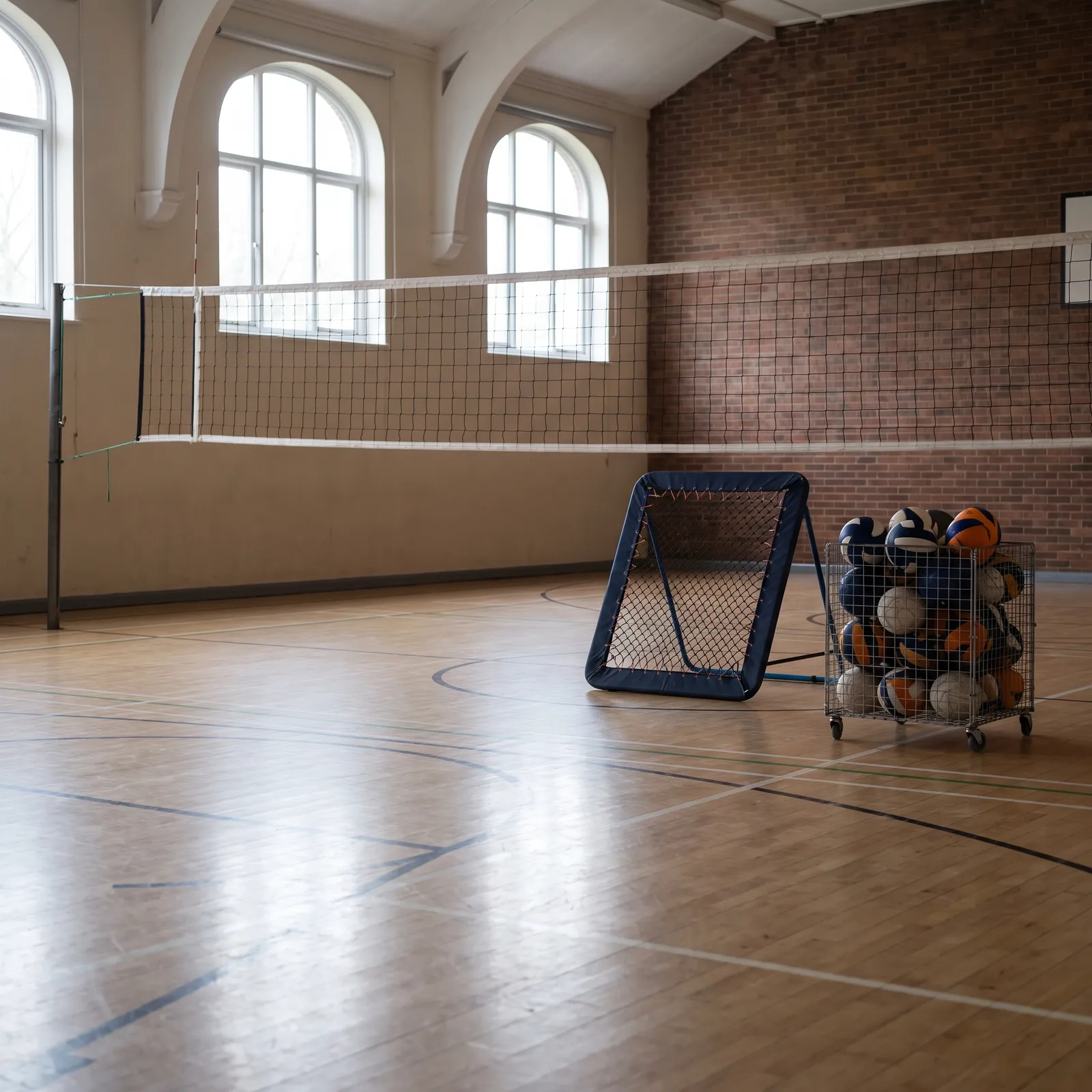 An empty sports hall set up for volleyball practice