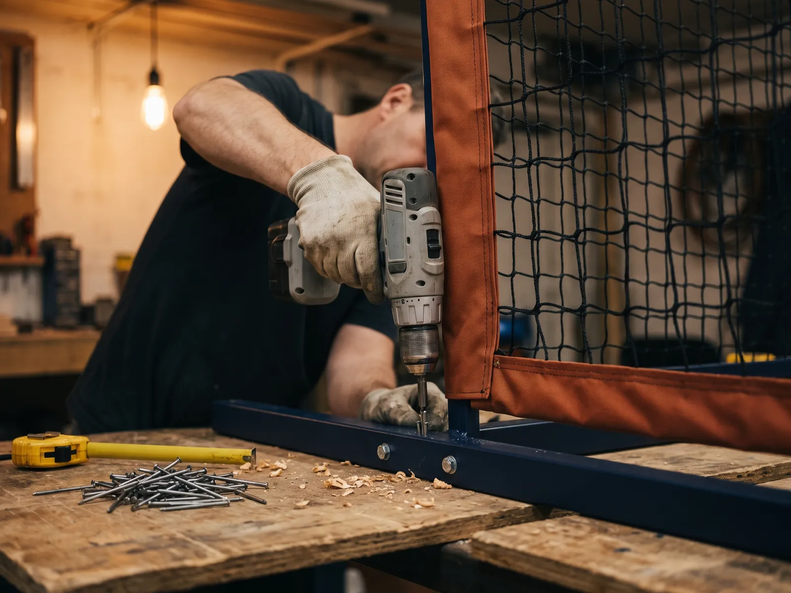 A rebound frame being assembled on a workshop bench